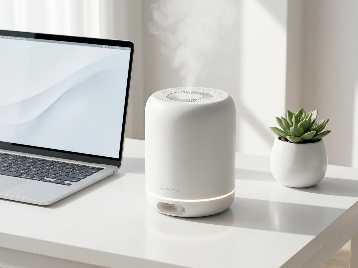 BRRR! misting next to a laptop and a small succulent on a bright desk